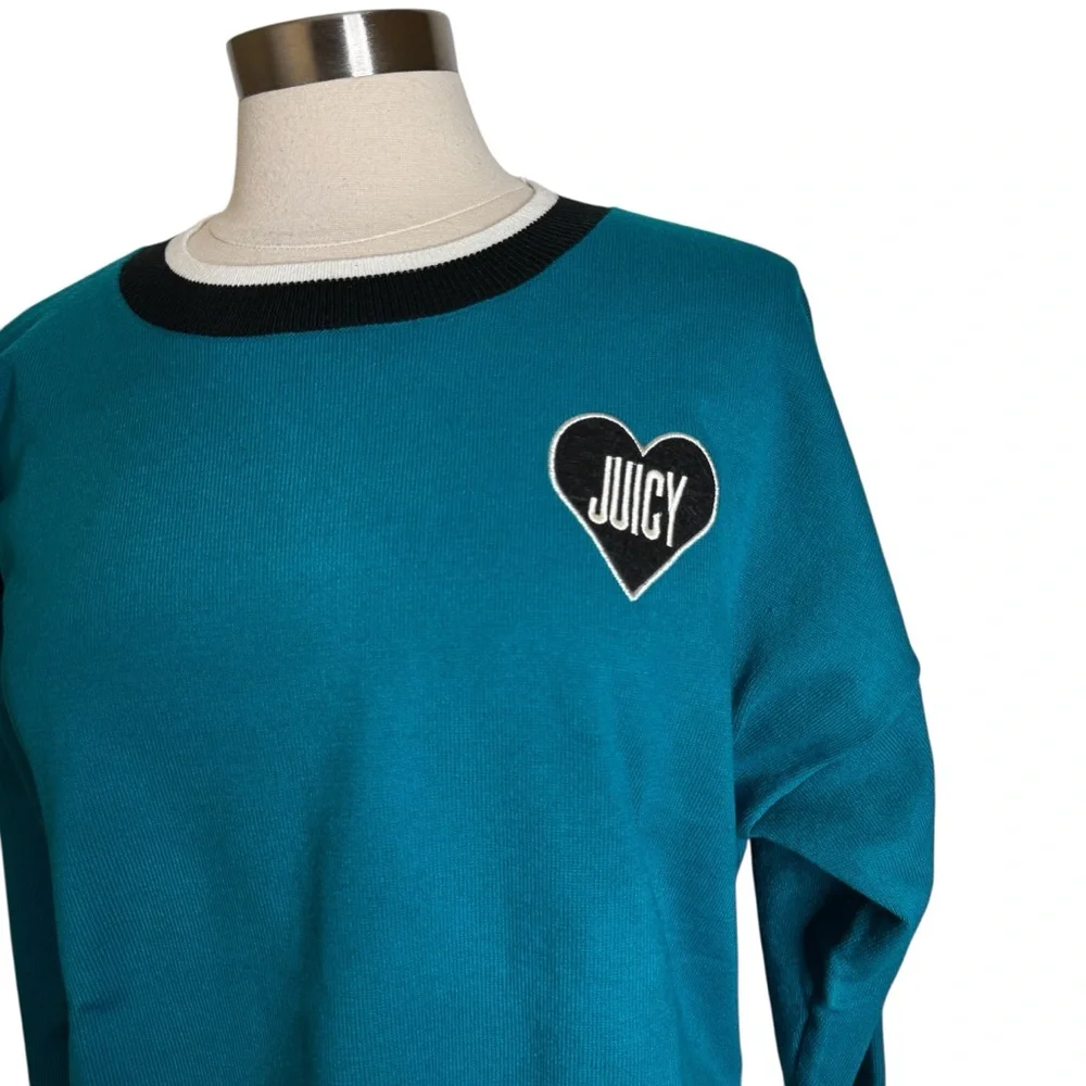 Juicy Couture Crew Neck Long Sleeve Pullover Heart Sweater Teal Womens Large New